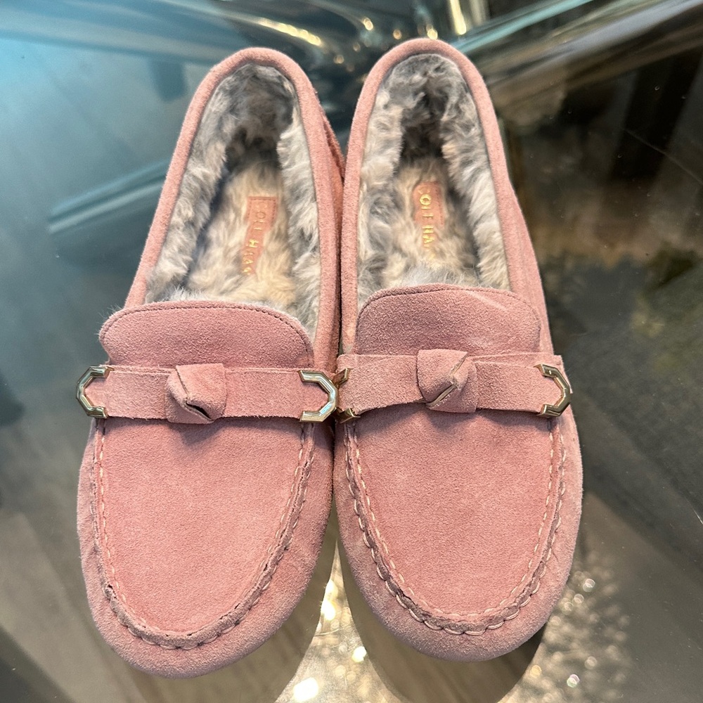 Cole Haan Blush Pink Suede Loafers or Moccasins with Fur Lining 7 B
